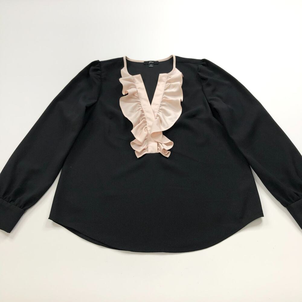 J.Crew XS Long Sleeve Ruffle Womens Pullover Popover Blouse Black MINT AE861
